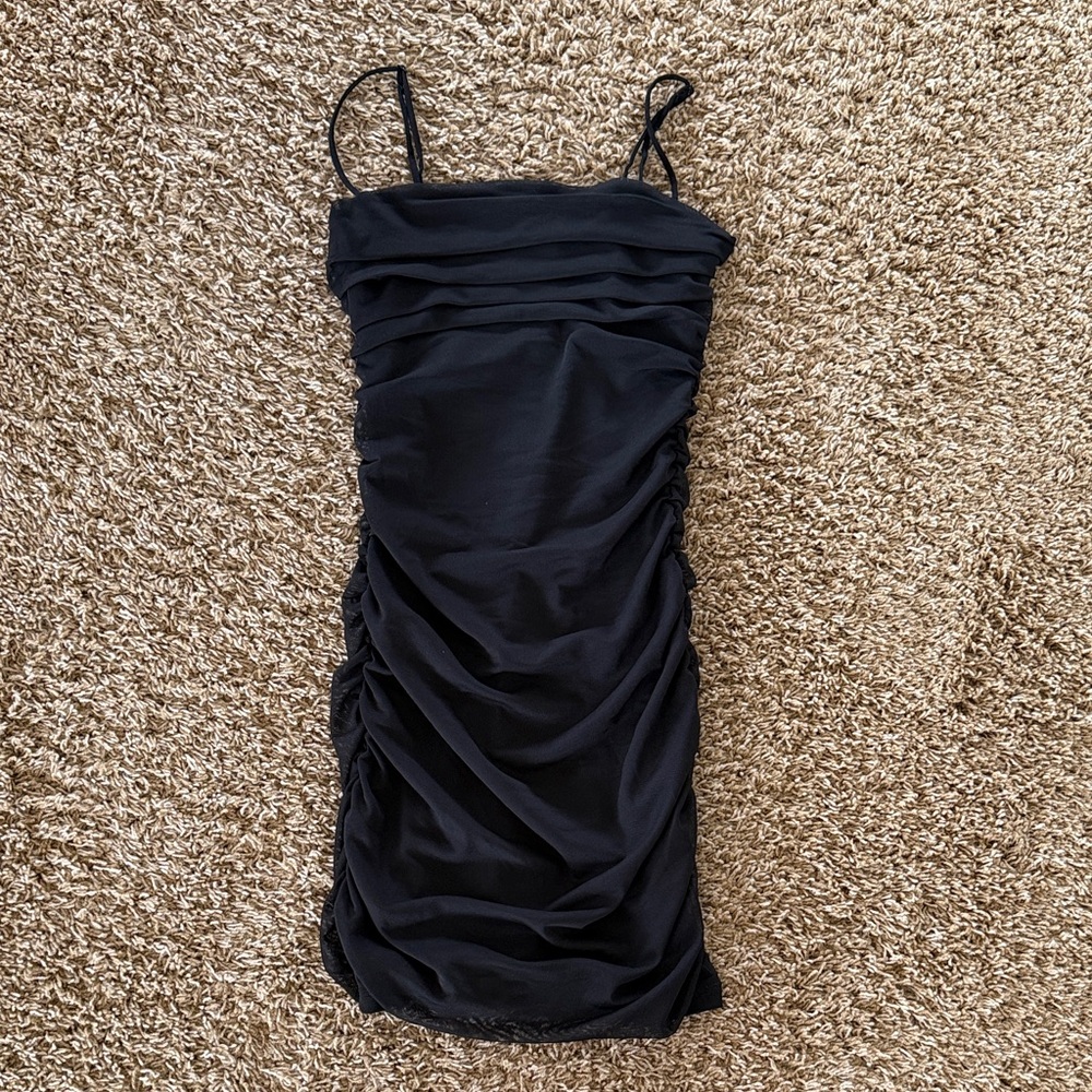 NWT Garage Black Ruched Mesh Mini Dress